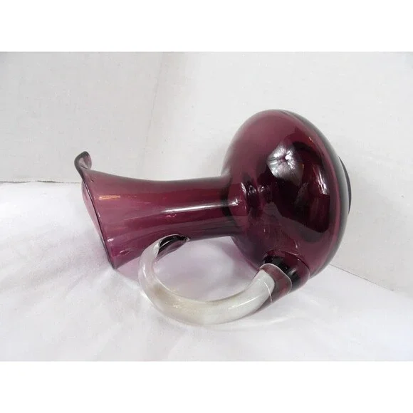 Vase Pitcher Amethyst Hand Blown Glass Pontil Purple Clear Handle 7.5" Tall MCM - Picture 7 of 16
